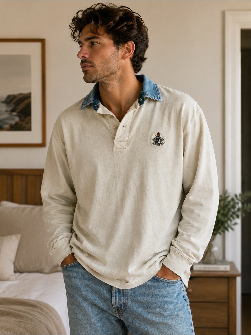 Vintage Guess Men's Cream Long-Sleeve Polo Shirt with Denim Collar XL